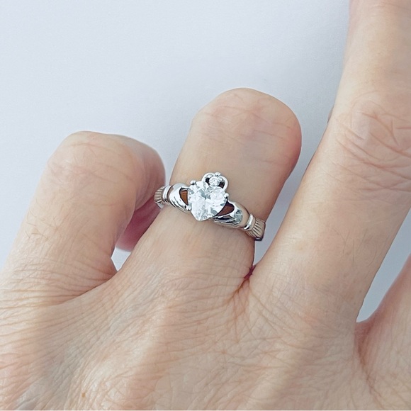 Sterling Silver Claddagh CZ Heart Ring, Irish Rings, April Birthstone Ring - Picture 5 of 10